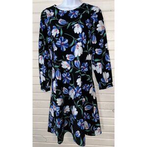 Draper James Sz 4 Black Blue Floral Smocked 7/8 Sleeve Dress EUC